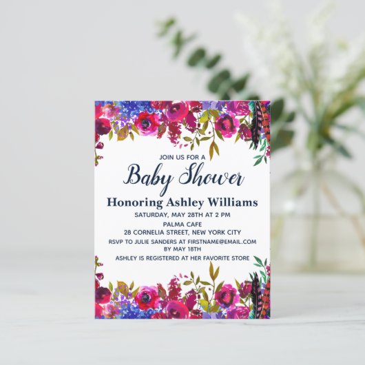 Papier Invitation du Baby shower floral botanique budgéta (Debout devant)