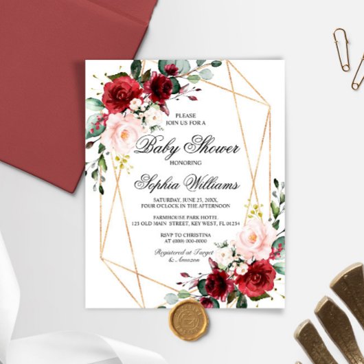 Papier Invitation du Baby shower Rose rose et bourguignon