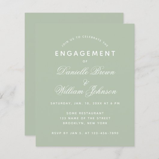 Papier Invitation du Fiançailles à budget simple Sage Gre (Devant / Derrière)