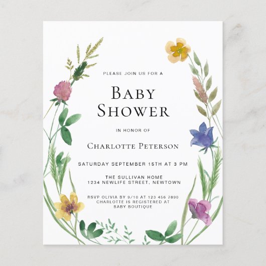 Papier Invitation du Fleur sauvage Boho Budget (Devant)