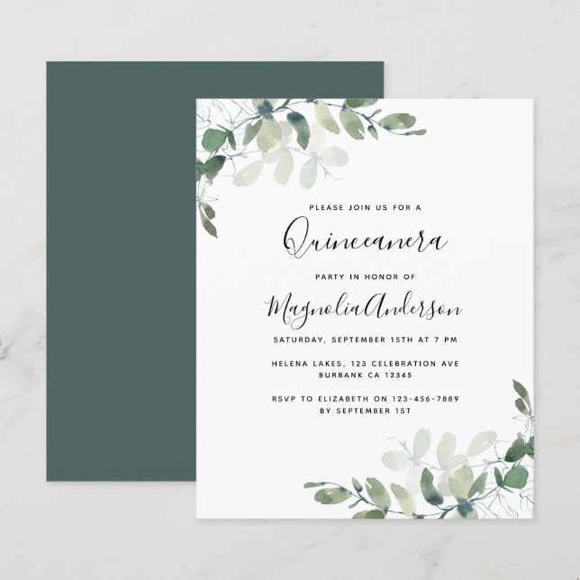 Papier Invitation du parti Eucalyptus Quinceanera BUDGET (Devant / Derrière)