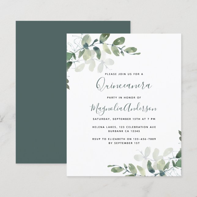 Papier Invitation du parti Eucalyptus Quinceanera BUDGET (Devant / Derrière)