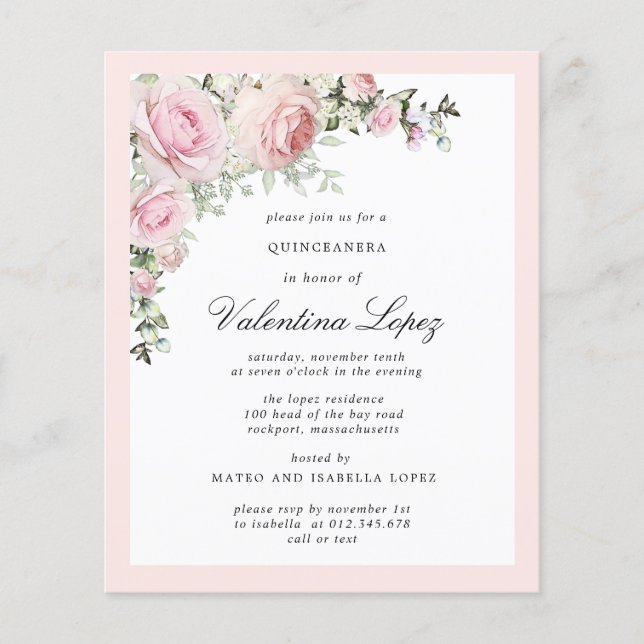 Papier Invitation du parti Quinceanera Floral Rose Budget (Devant)