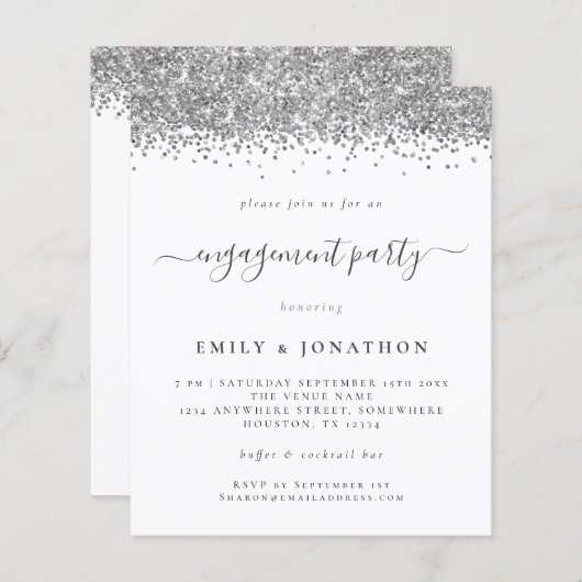 Papier Invitation du script de Parties scintillant argent (Devant / Derrière)