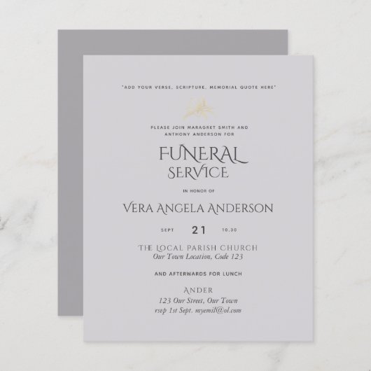 Papier INVITATION du service funéraire BUDGET avec verse (Devant / Derrière)