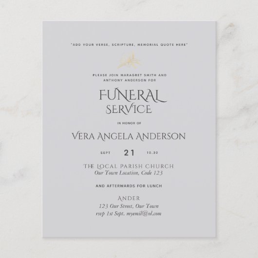 Papier INVITATION du service funéraire BUDGET avec verse (Devant)