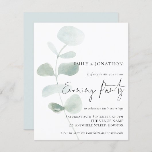 Papier Invitation du soir du Mariage Eucalyptus souple bu (Devant / Derrière)