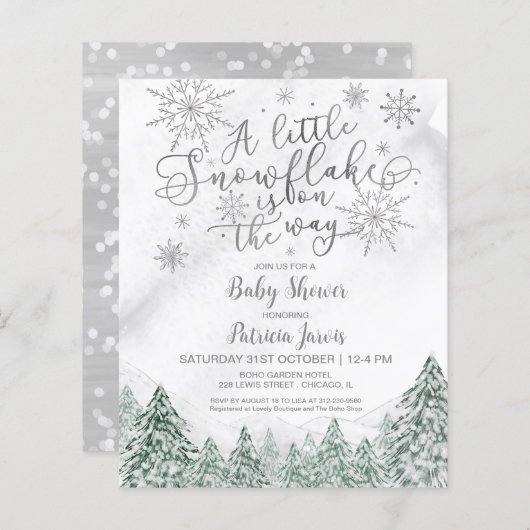 Papier Invitation d'un petit Baby shower gris Snowflake (Devant / Derrière)