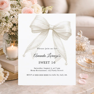 Papier Invitation élégante Sweet 16 ruban ivoire perles b