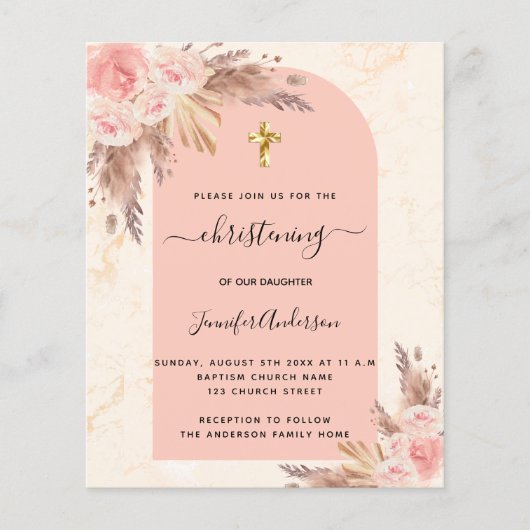 Papier Invitation en marbre rose Christening pampas grass (Devant)