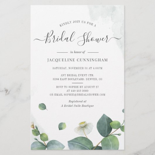 Papier Invitation Eucalyptus Script Bridal Douche (Devant)