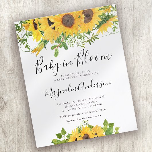 Papier INVITATION Fête bébé tournesol en fleurs Budget
