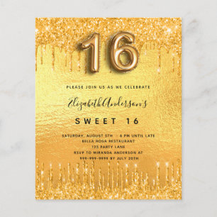 Papier Invitation fête Sweet 16 pailletée dorée