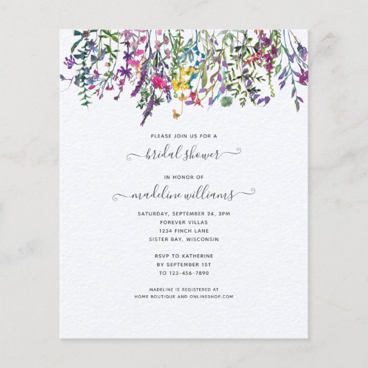 Papier Invitation Fleur sauvage Florale de douche nuptial (Devant)