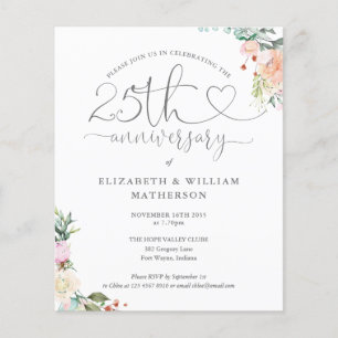 Papier Invitation florale cœur pour les 25 ans de mariage