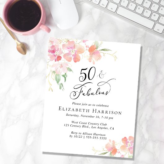 Papier Invitation florale rose 50e anniversaire