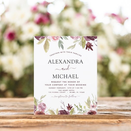 Papier Invitation Florale rose Mariage Bourgogne