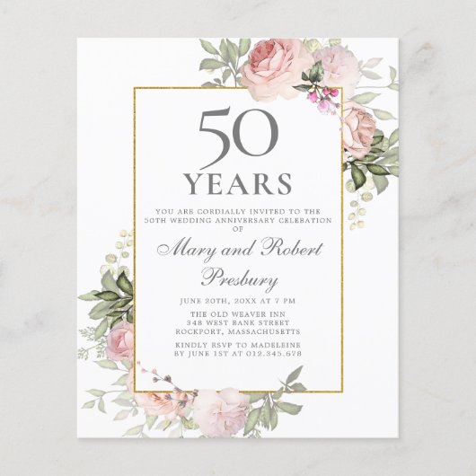 Papier Invitation florale rose pour le 50e anniversaire B (Devant)