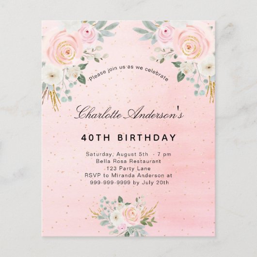 Papier Invitation florale rose vif pour anniversaire budg (Devant)