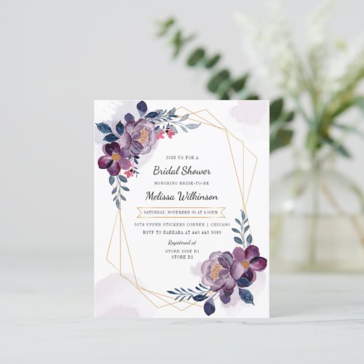 Papier Invitation Florale Violet Douche nuptiale (Debout devant)