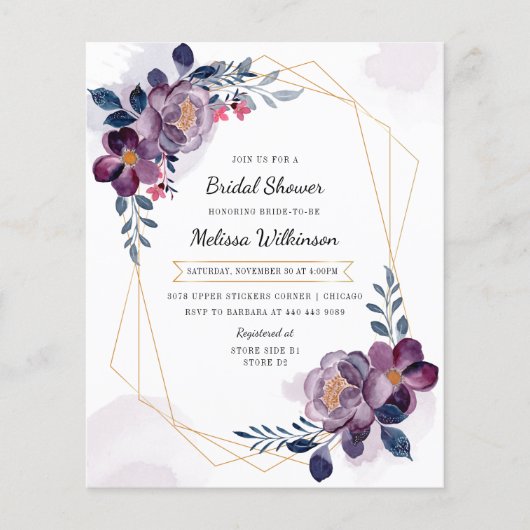 Papier Invitation Florale Violet Douche nuptiale (Devant)