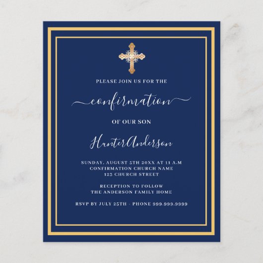 Papier Invitation garçon croix dorée sur fond bleu marine (Devant)