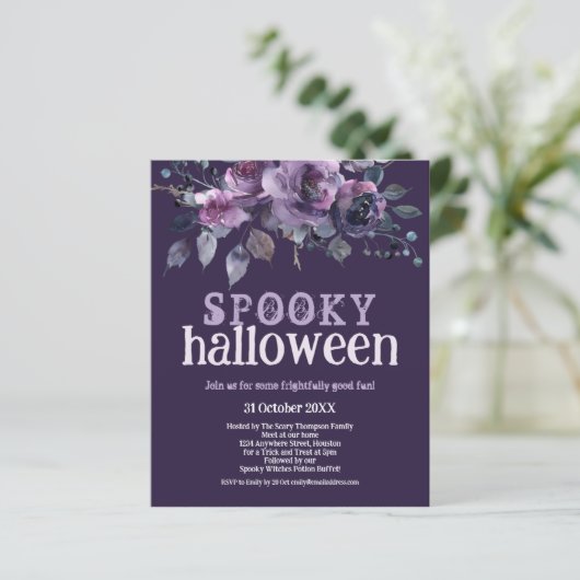 Papier Invitation Halloween fantaisie fleurs violettes pe (Debout devant)