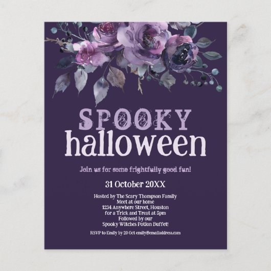 Papier Invitation Halloween fantaisie fleurs violettes pe (Devant)