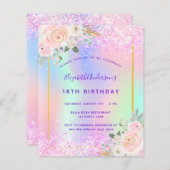 Papier Invitation holographique rose violet d'anniversair (Devant / Derrière)