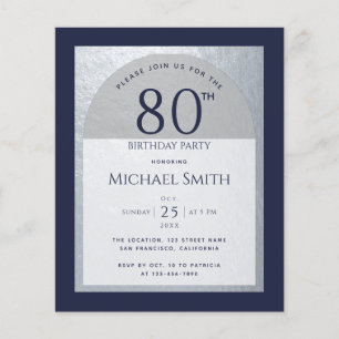 Papier Invitation homme 80 ans budget bleu marine argent