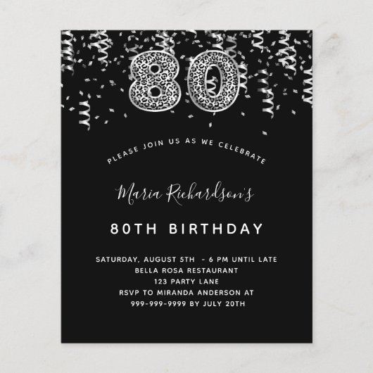 Papier Invitation léopard noir argent 80e anniversaire (Devant)