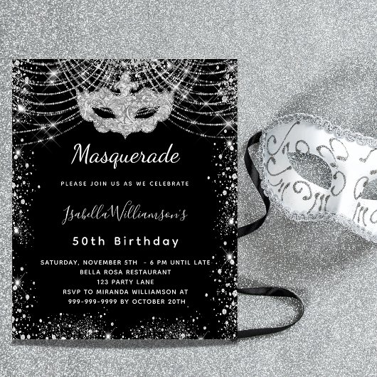 Papier Invitation Masquerade budget argent noir