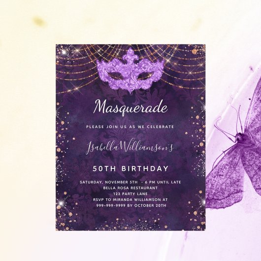Papier Invitation masquerade violet rose or