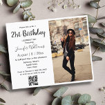 Papier invitation minimaliste 21e anniversaire photo qr c<br><div class="desc">élégant chic minimaliste 21e anniversaire photo blanc calligraphie code qr feuille d'invitation</div>