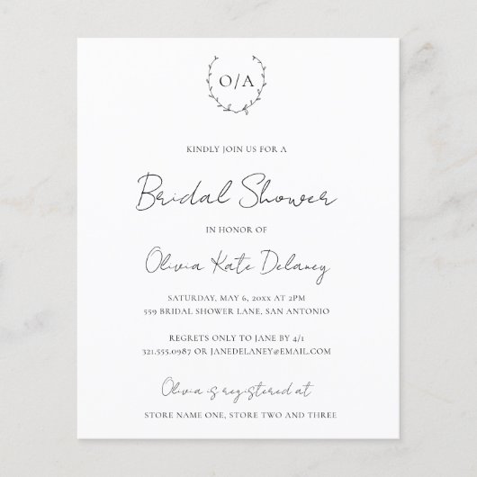 Papier Invitation Monogramme Budget Douche nuptiale (Devant)