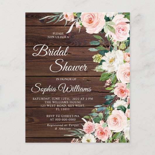 Papier Invitation nuptiale Budget Blush Rose Fleurs (Devant)