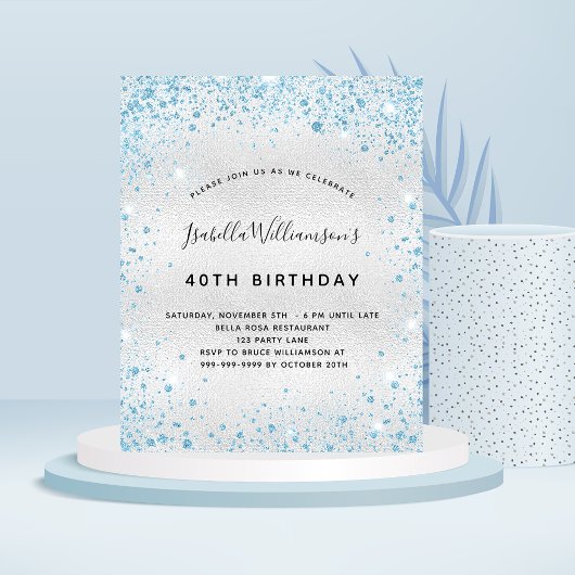 Papier Invitation pailletée argent et bleu pour anniversa