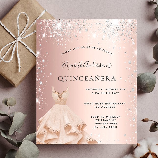 Papier Invitation pailletée or rose pour Quinceanera (Créateur téléchargé)