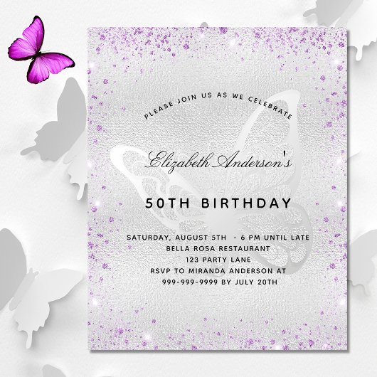Papier Invitation papillon argent violet d'anniversaire b