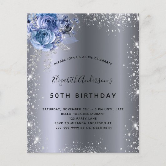 Papier Invitation parties scintillant Birthday silver blu (Devant)