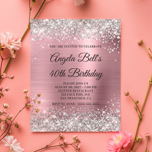 Papier Invitation pas chère argent pailleté rose pour 40