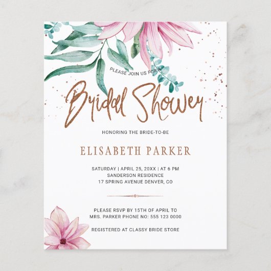 Papier Invitation pas chère et chic rose florale pour une (Devant)