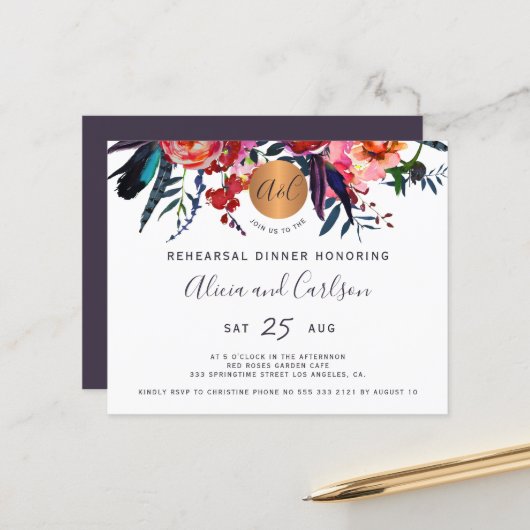 Papier Invitation pas chère pour dîner de répétition chic (Devant/Arrière en situation)