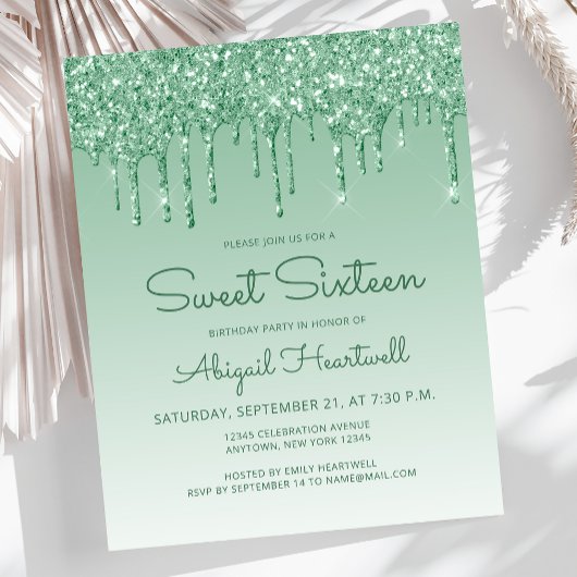 Papier Invitation pas chère Sweet 16 Glitter Drip Verte