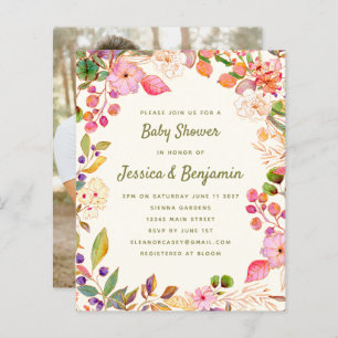 Papier Invitation photo Baby shower floral d'aquarelle bu