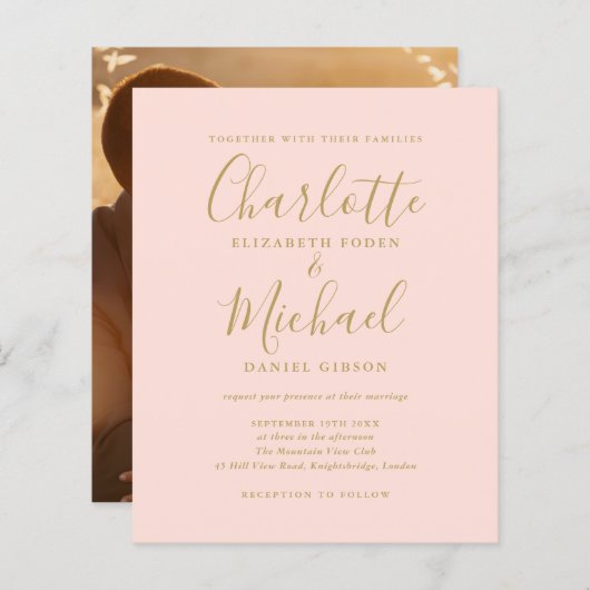 Papier Invitation photo Budget Blush Rose et Gold (Devant / Derrière)