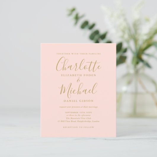 Papier Invitation photo Budget Blush Rose et Gold (Debout devant)