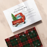 Papier Invitation Plaid Red Truck Christmas Party<br><div class="desc">Célébrez la saison festive avec style grâce à nos invitations Vintages à la fête de Noël avec camion rouge. Le design charmant présente un camion rouge classique portant un arbre à feuillage persistant et des cadeaux. À l'envers, un motif plaid intemporel en rouge et vert festif, parsemé de flocons de...</div>