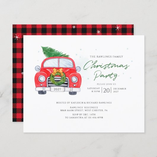 Papier Invitation Plaid Rustic Car Christmas Party (Devant / Derrière)
