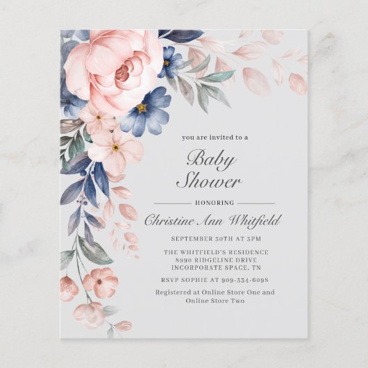 Papier Invitation pour Baby Shower Budget Fleurs Bleues e (Devant)